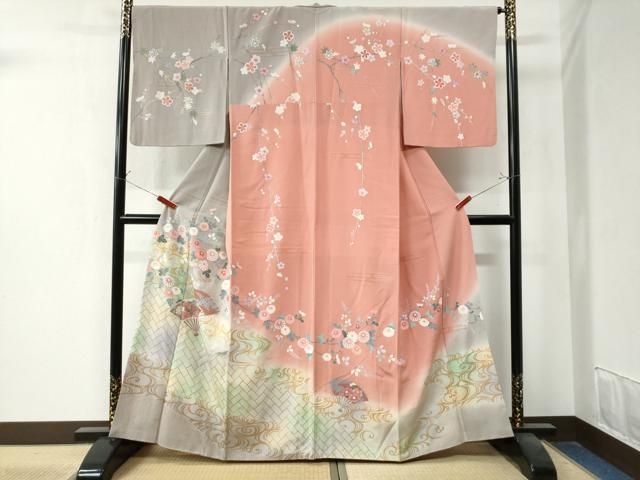 平和屋着物●訪問着　流水檜垣扇面枝菊文　暈し染め　金彩　正絹　逸品　CAAZ3502yc 平和屋着物○訪問着 流水檜垣扇面枝菊文 暈し染め 金彩