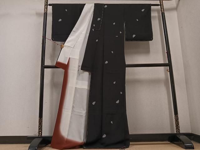 平和屋着物○上質な小紋 桜花弁 黒地 正絹 逸品 未使用 AABD4764ph