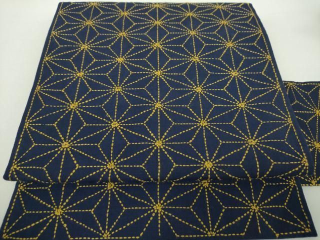 平和屋着物●九寸名古屋帯　飛騨刺し子　総刺繍　麻の葉文様　綿　逸品　DAAZ0282ps 飛騨刺し子 名古屋帯 未使用 平和屋着物○九寸名古屋帯 飛騨刺し子