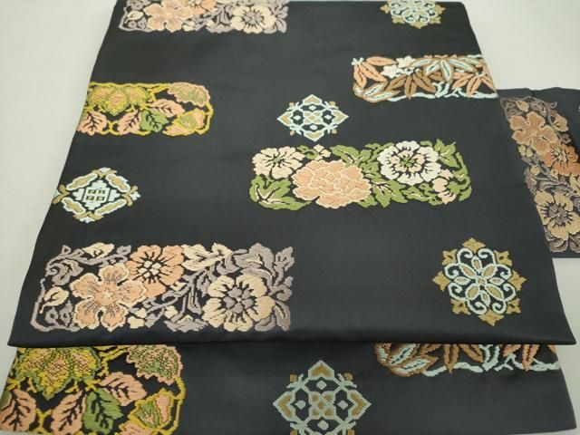 平和屋着物○九寸名古屋帯 作家物 幾何学文様 黒地 正絹 逸品