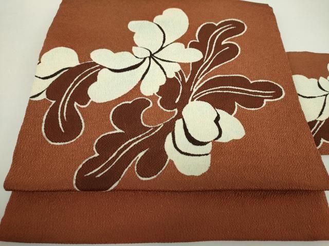 平和屋着物○九寸名古屋帯 型染め 草花丸文 鬼しぼ縮緬 正絹
