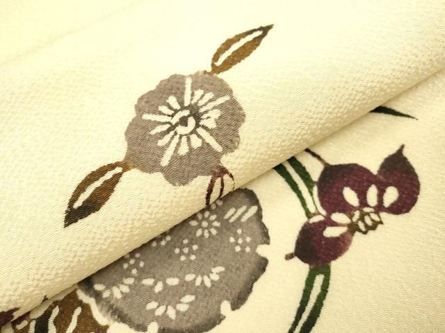 平和屋着物●つけ帯　型染　雪輪花文　鬼しぼ縮緬　正絹　逸品　DAAX9824fe 平和屋着物○つけ帯 型染 雪輪花文 鬼しぼ縮緬 正絹 逸品