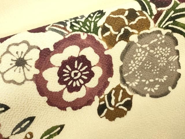 平和屋着物○つけ帯 型染 雪輪花文 鬼しぼ縮緬 正絹 逸品