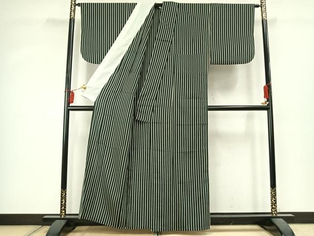 平和屋着物▽お召 単衣 縞 銀通し地 正絹 逸品 AABD0043fy