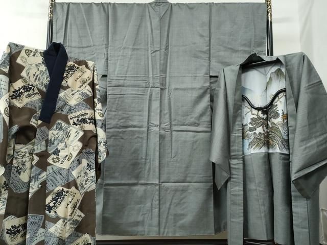 平和屋着物○男性 お召 アンサンブル 100亀甲 正絹 逸品 未使用