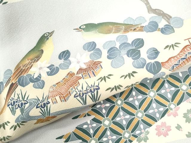 平和屋着物●豪華色留袖　友禅　作家物　片輪車松竹梅休み鳥吉祥文　正絹　逸品　CAAZ3328yc 平和屋着物○豪華色留袖 友禅 作家物 片輪車松竹梅休み鳥吉祥文 正絹