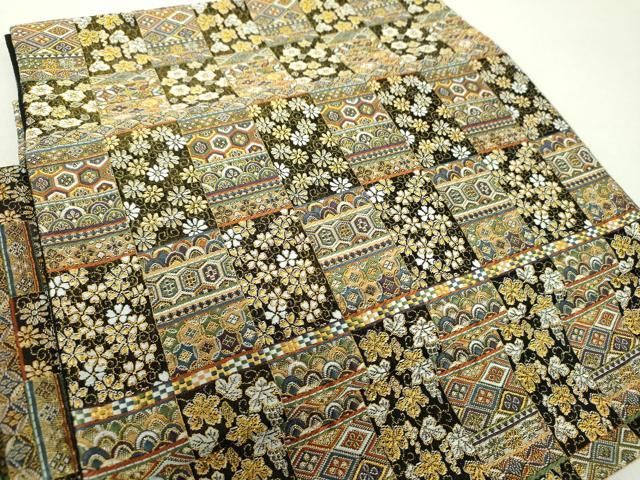 平和屋着物●ワンタッチつけ帯　市松吉祥花文　金糸　さが美扱い　正絹　逸品　DAAZ0262ps 平和屋着物○ワンタッチつけ帯 市松吉祥花文 金糸 さが美扱い 正絹 逸品