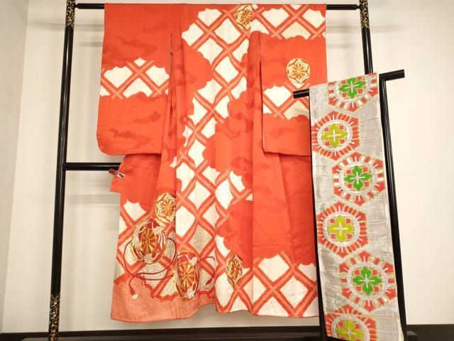 【新作登場，HOT】 平和屋着物∵女の子　十三参り　子供　祝着・袋帯セット　駒刺繍　絞り　源氏車文　金彩　逸品　AABB5779ja 着物・着物ドレス