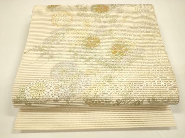 平和屋着物 夏物 絽綴れ 八寸名古屋帯 螺鈿 流水草花文 金銀彩 正絹 cm