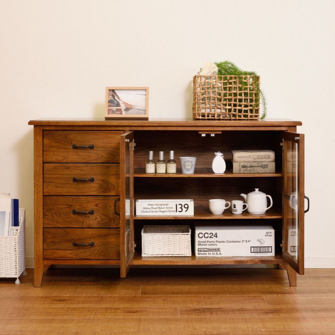 ♪天然木 4段チェスト＆キャビネット ［幅120cm］ ヴィンテージ調