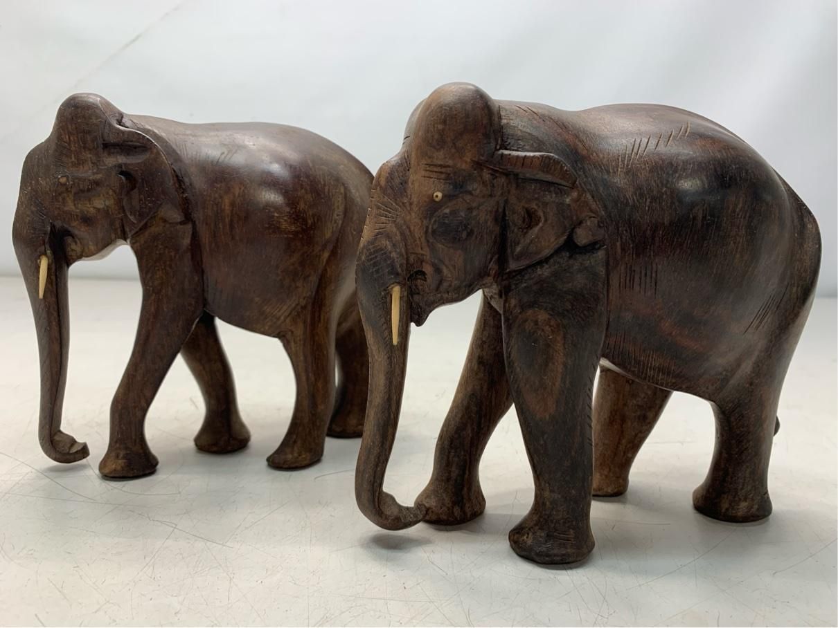 置物 ゾウ 2体セット 木彫り インド 像 インテリア オブジェ