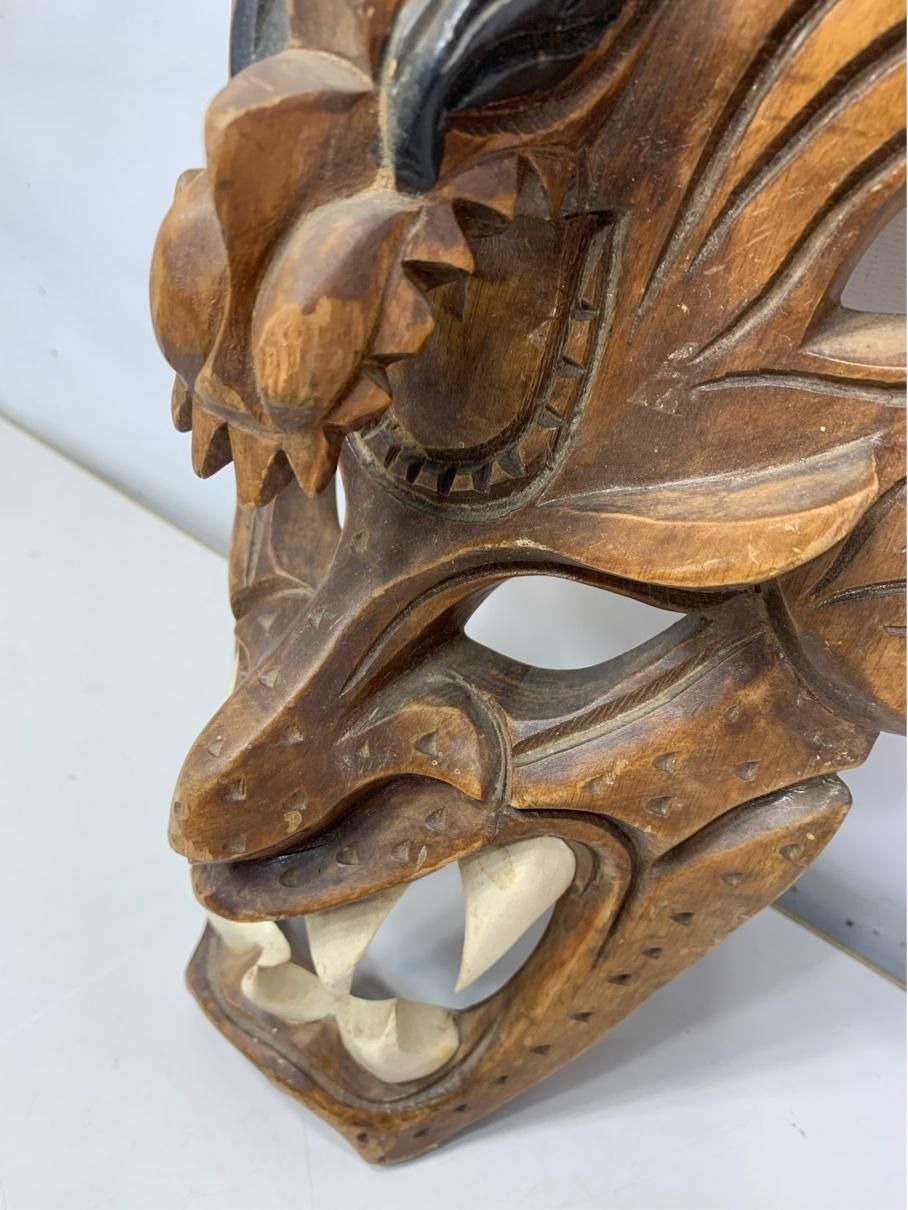 木彫り/面/アンティーク 貴重 獣面 魔除け 木彫り 彫刻 インテリア ハワイ ヴィンテージ雑貨