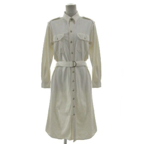 ポロ ラルフローレン POLO RALPH LAUREN コットン シルク ロングシャツワンピース 胸ポケ 長袖 ミモレ丈 ベルト付き ナチュラル S