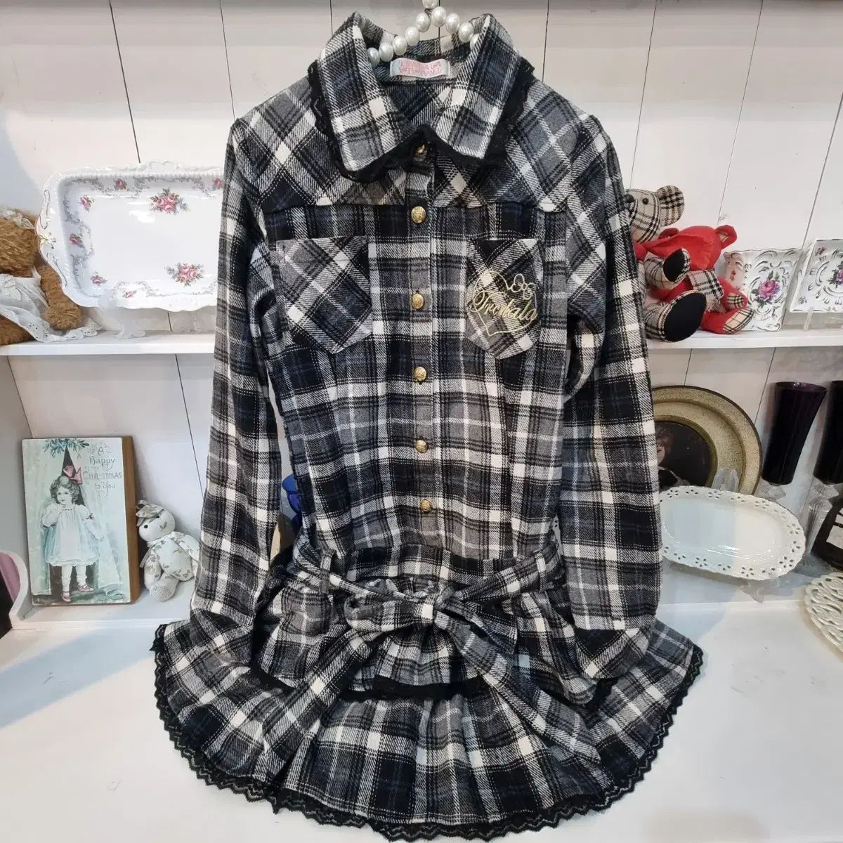 トラララ (TRALALA) ウール混 CHECK フリル ONE PIECE ワンピース 配色