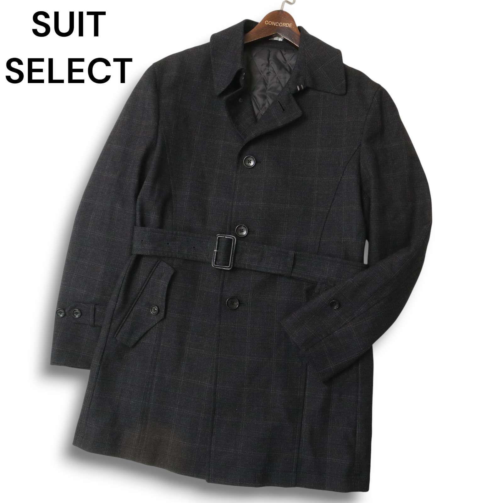 SUIT SELECT スーツセレクト 秋冬 ウール100％ ベルト付き 中綿 チェック コート Sz.L メンズ ビジカジ