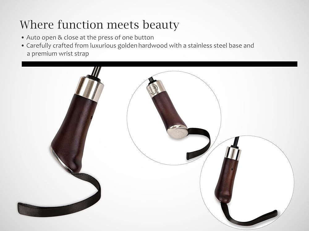 Balios トラベル傘 豪華ゴールデンローズウッドハンドル 自動開閉 防風フレーム シングルキャノピー 自動折りたたみ傘 メンズ レディース 英国デザイン ジェットブラック