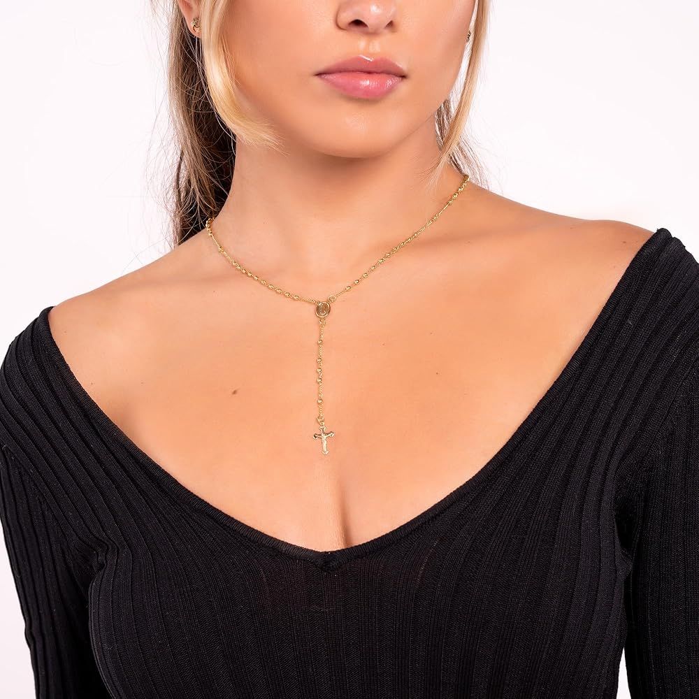 Barzel 18K 金メッキ 聖母マリア ロザリオ ビーズ クロス ネックレス