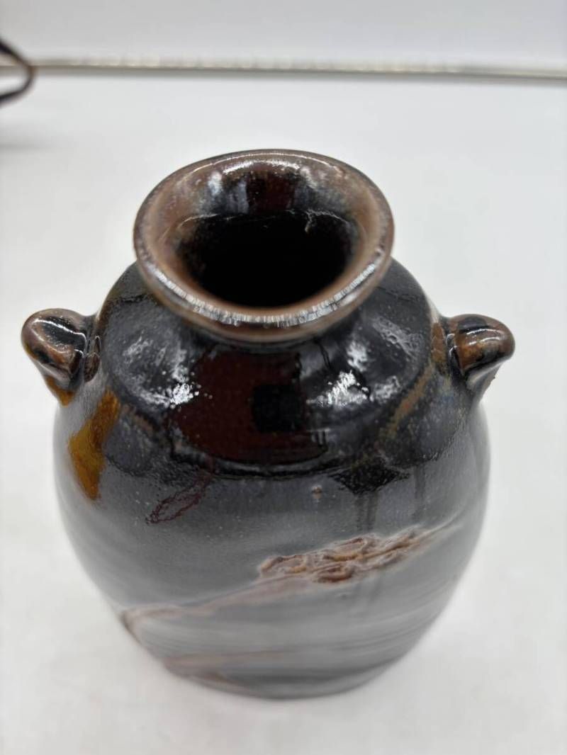 希少】十三代小左ェ門 黒燿釉扁壷 華道 花道 花入 花瓶 花器 花生 酒壷