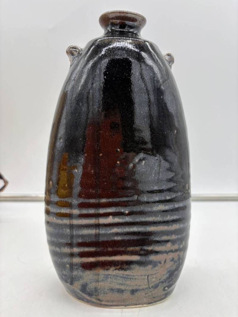 希少】十三代小左ェ門 黒燿釉扁壷 華道 花道 花入 花瓶 花器 花生 酒壷