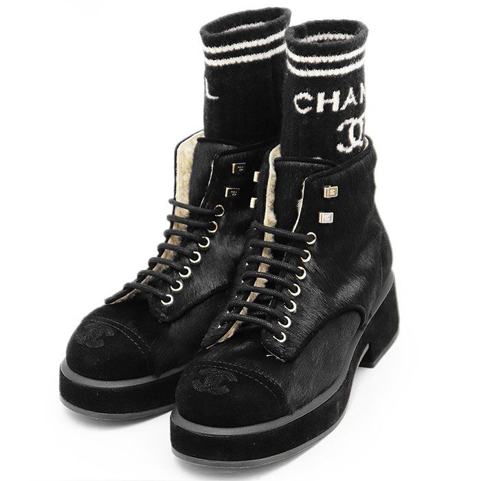 【美品】シャネル　コココクーン　ブーツ ラムスキン 黒×ボルドー　36.5 CHANEL シャネル ココマーク レースアップ シューズ #37.5 黒