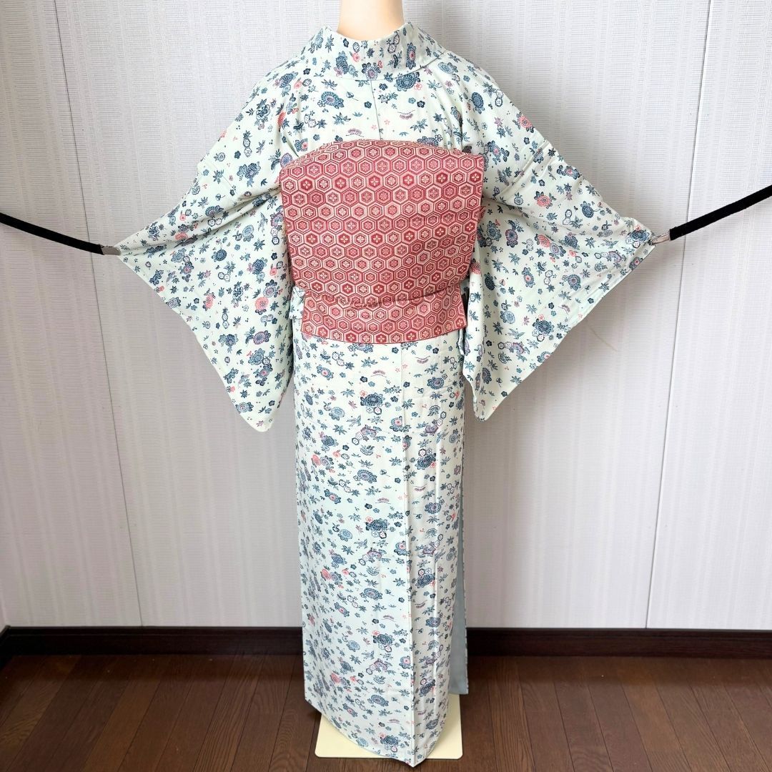 小紋フルセット 着物 長襦袢 名古屋帯 帯揚げ（リメイク） 帯締め 身丈