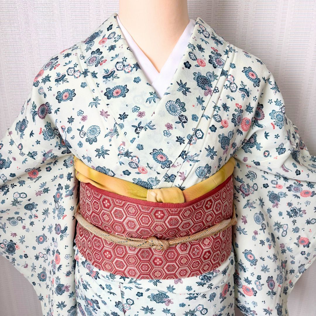 小紋　着物　小紋　帯　長襦袢付き 小紋フルセット 着物 長襦袢 名古屋帯 帯揚げ（リメイク） 帯締め 身丈