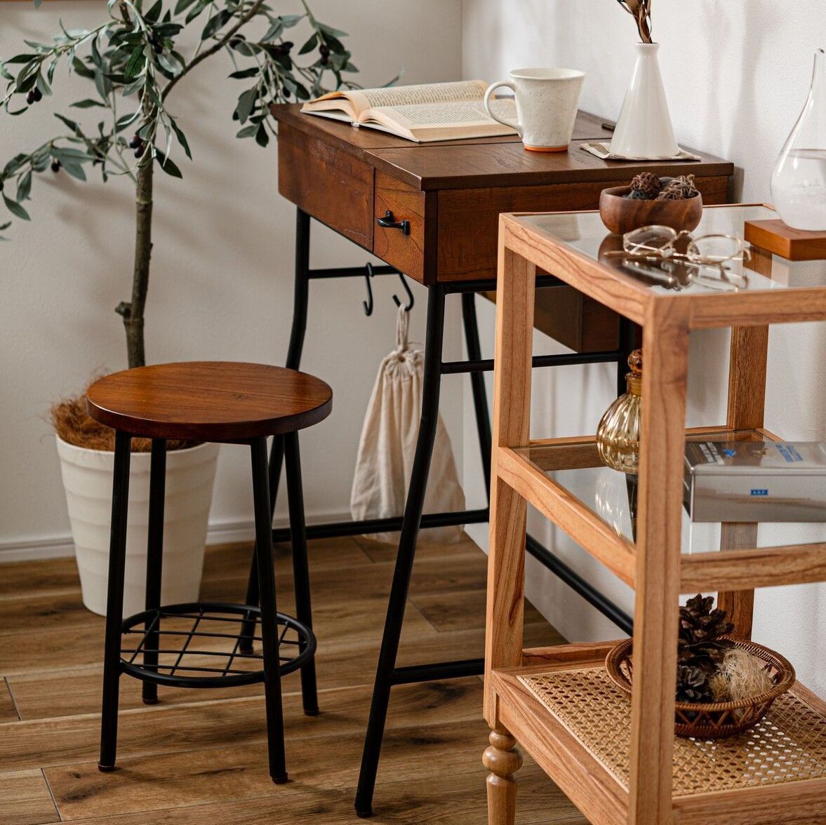 ♪天然木 アンティーク調 ドレッサーセット(ドレッサー&スツール) 鏡台