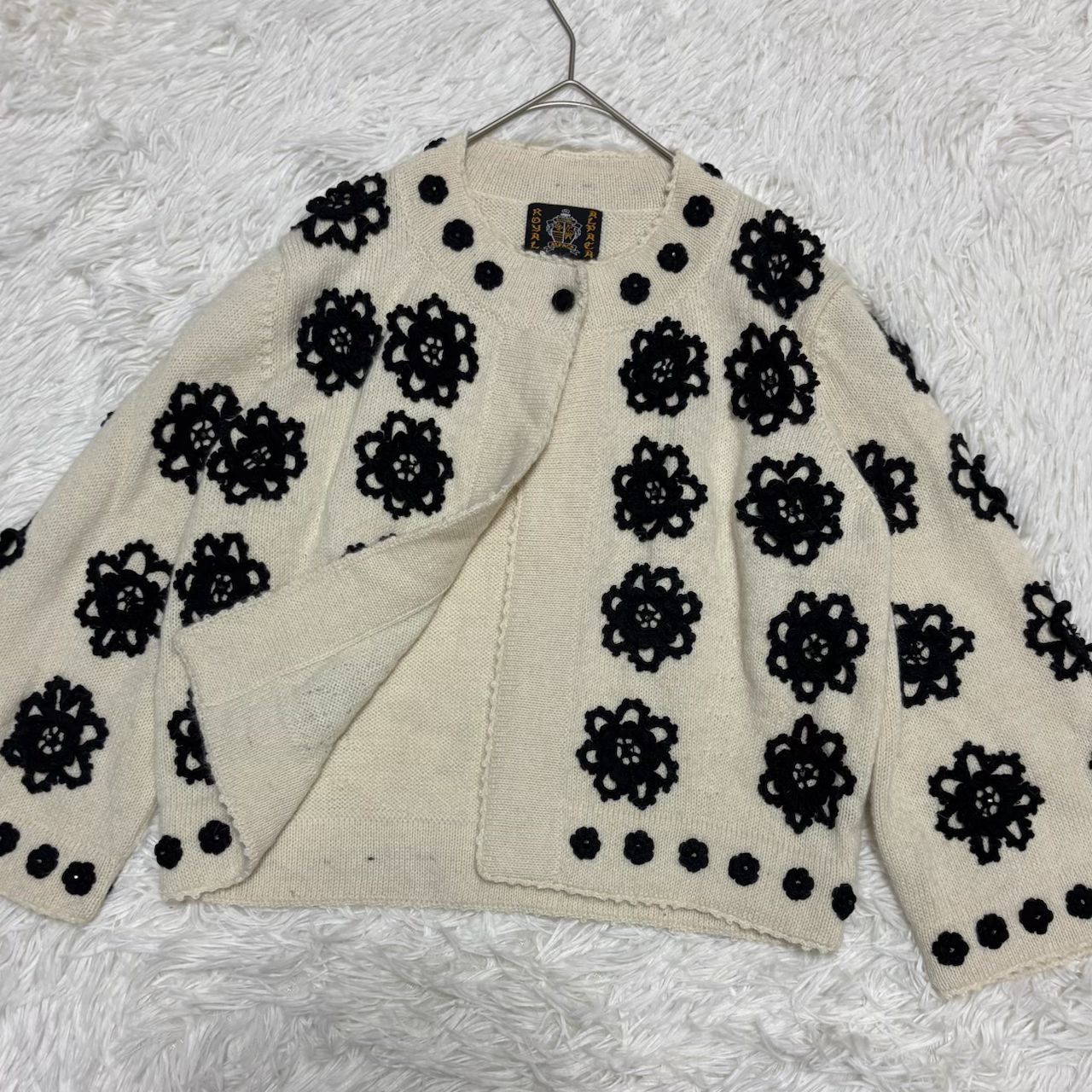 【ここ】ロイヤルアルパカ　ハンドニットカーディガン ロング 花柄 ROYAL ALPACA ロイヤルアルパカ】ハンドニット カーディガン M