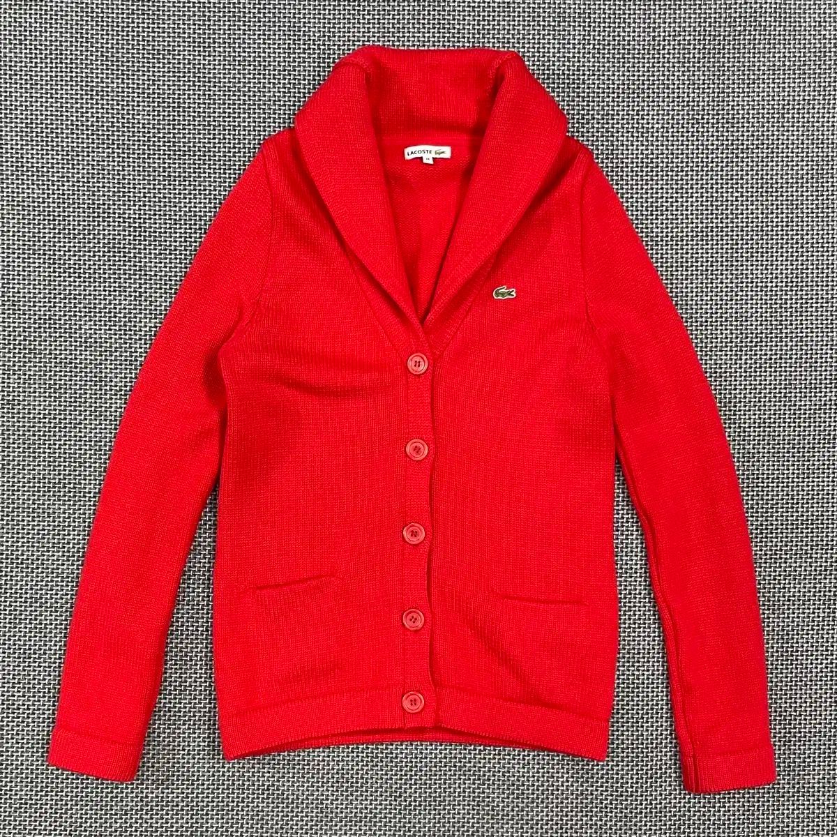 LACOSTE　ラコステ　襟付き　カーディガン　ニット　レッド LACOSTE ラコステ レディース ウール100 100% ショールカラー ニット