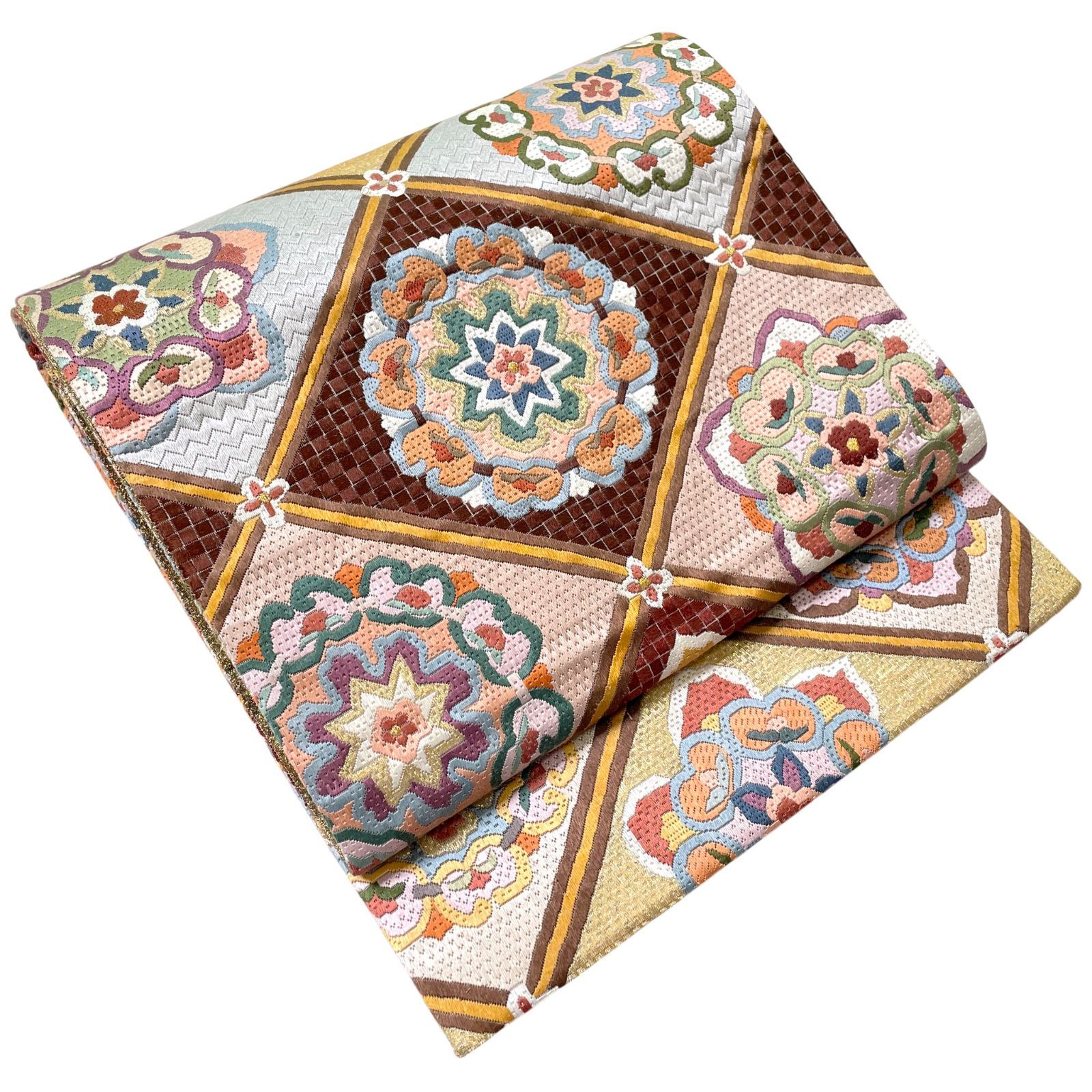 袋帯 全通柄 正絹 総絽刺し 金糸 斜め格子 華紋 マルチカラー 振袖