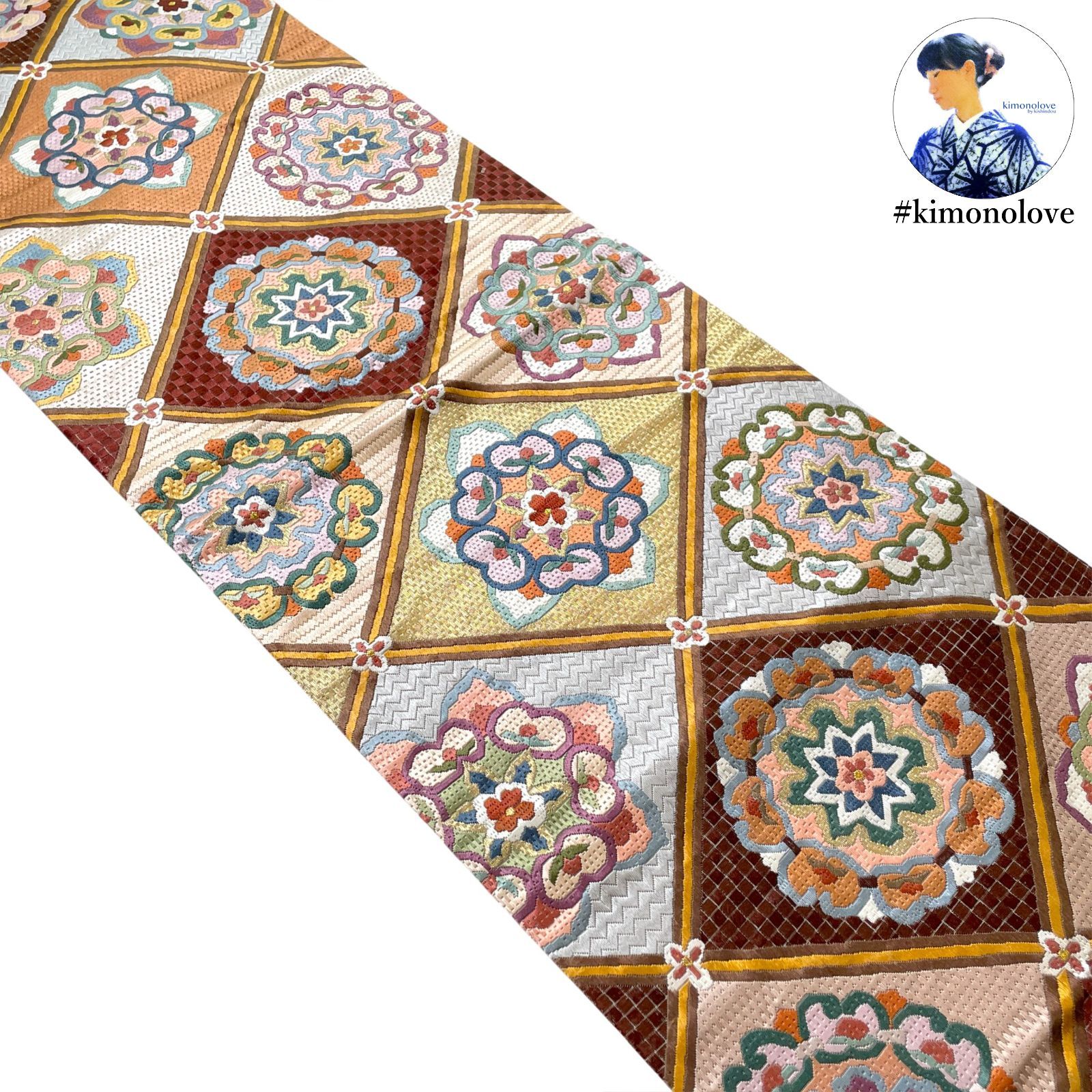 袋帯 全通柄 正絹 総絽刺し 金糸 天井格子 華紋 和のマルチカラー 振袖