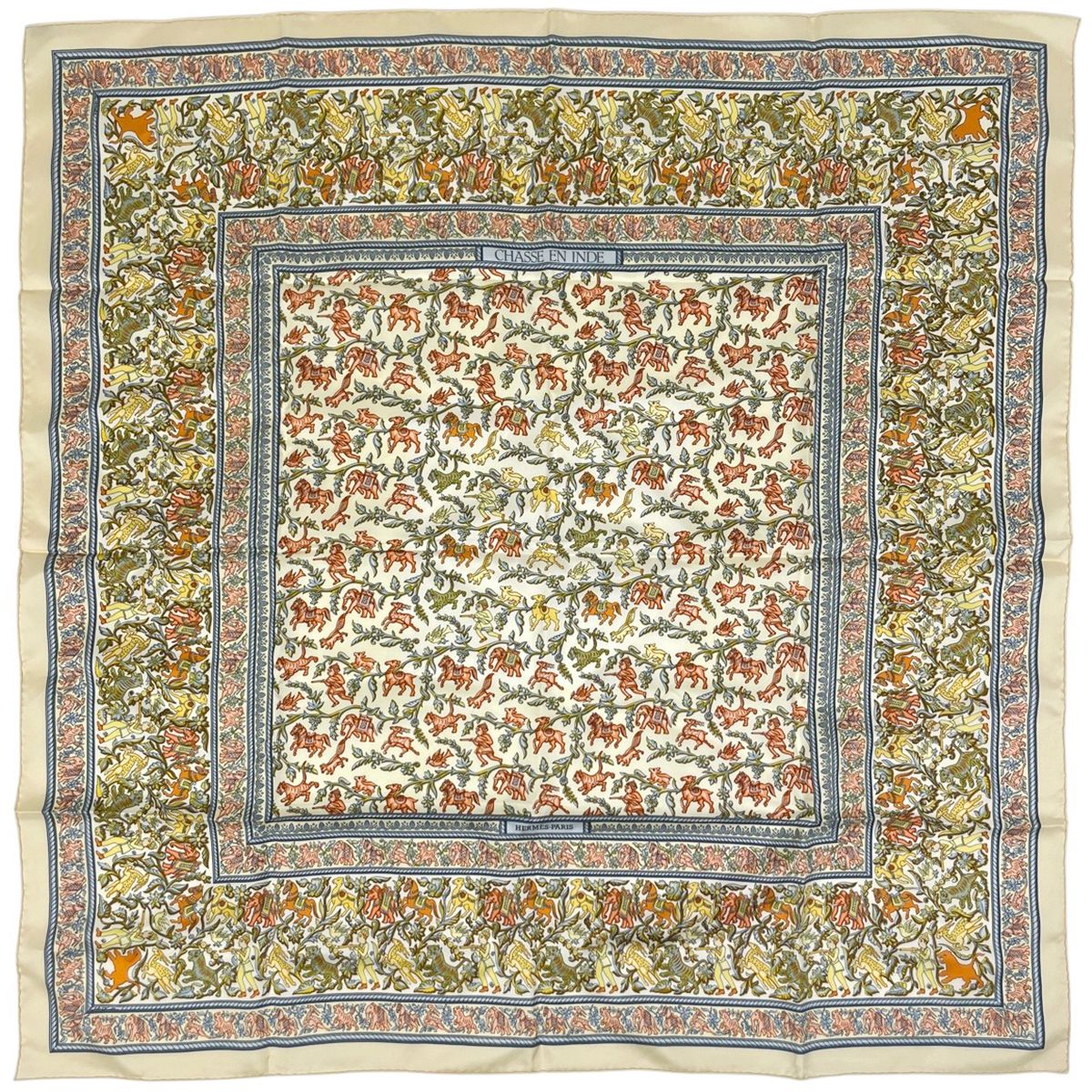 HERMES エルメス カレ90 インドの狩猟 カレジュアン シルク100% 美品 HERMES エルメス カレ90 インドの狩猟 CHASSE EN INDE シルク