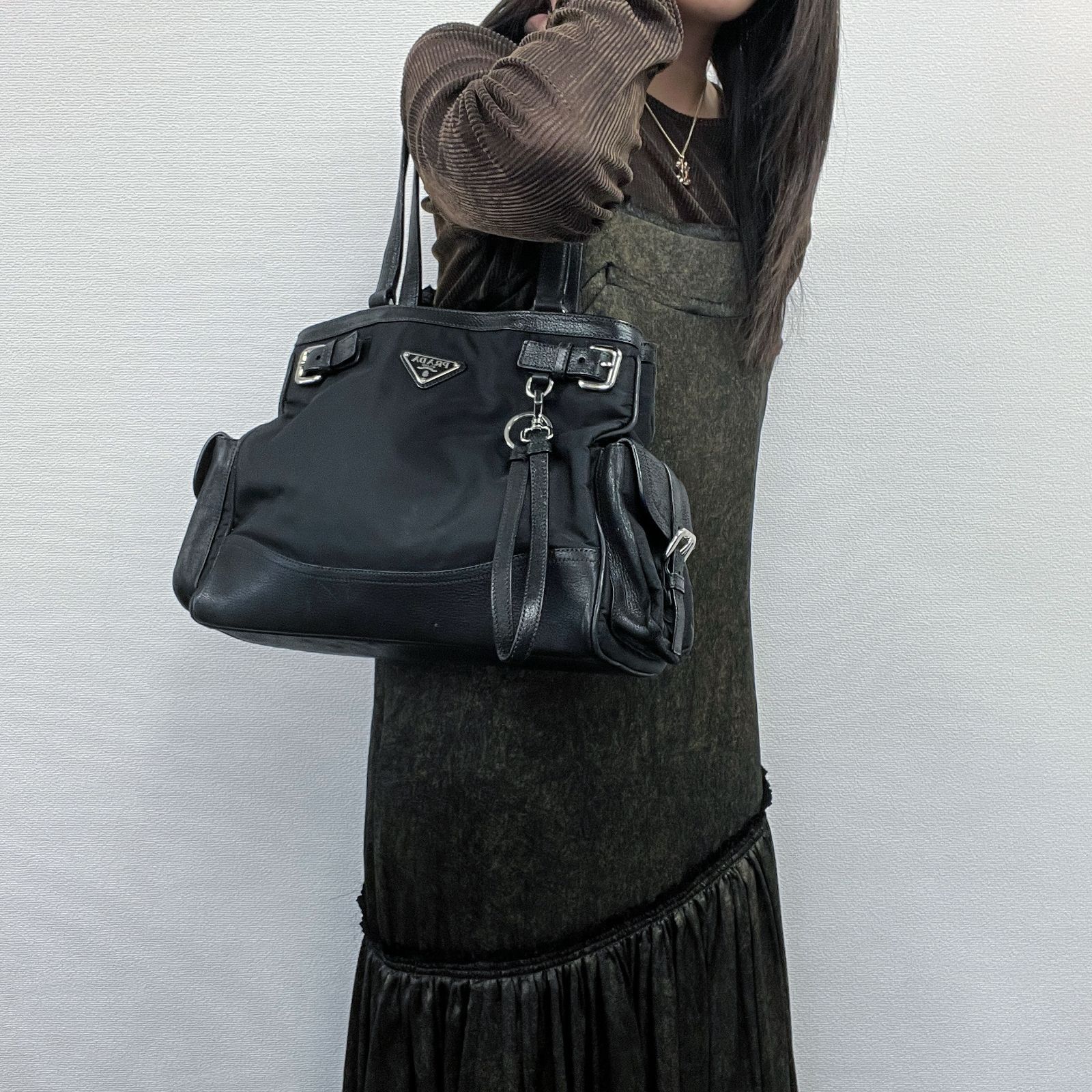 中古PRADA プラダ ポコノ トートバッグ ショルダーバッグ ブラック 