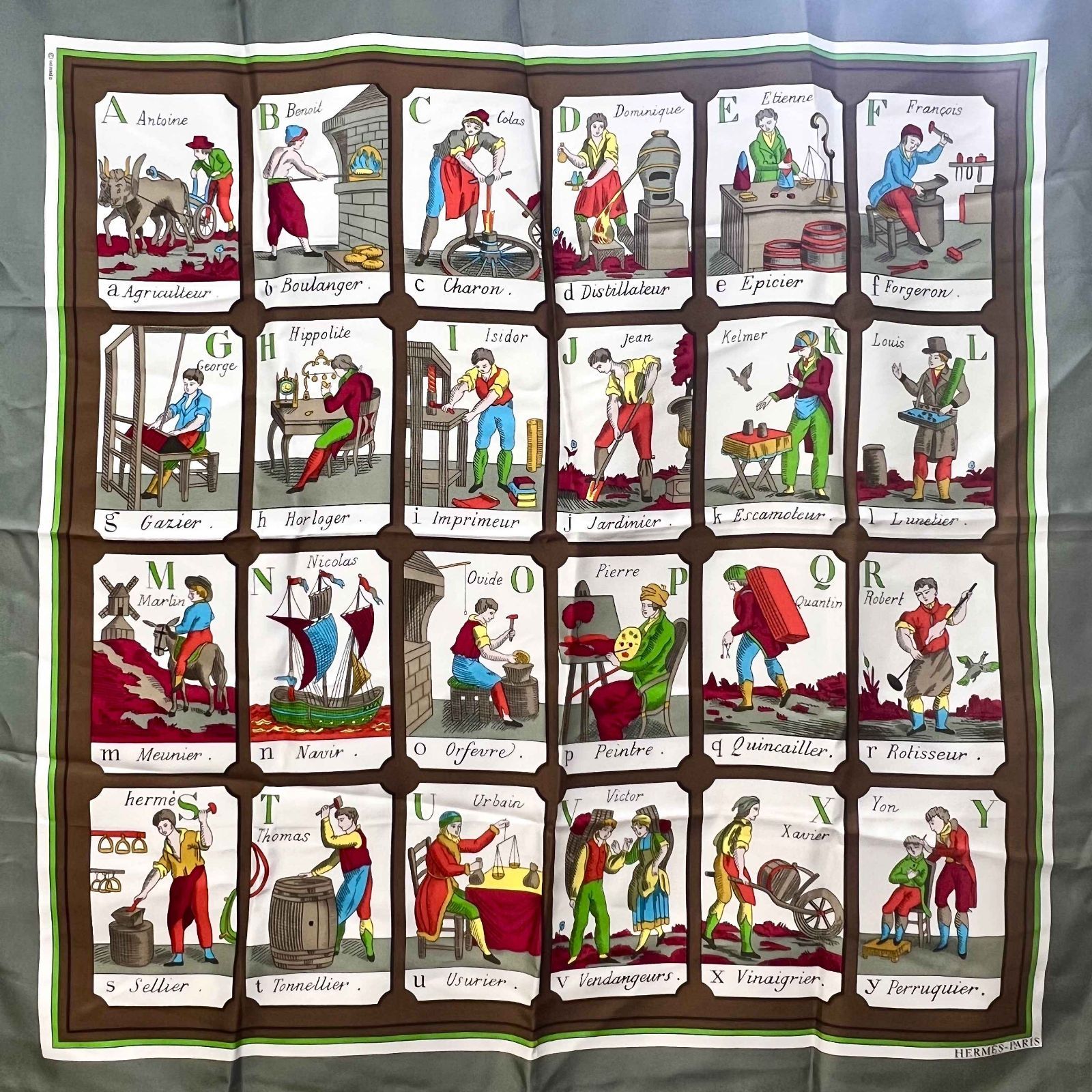 中古】Herms エルメス 90カレ 大判 スカーフ L'ALPHABET DES METIERS