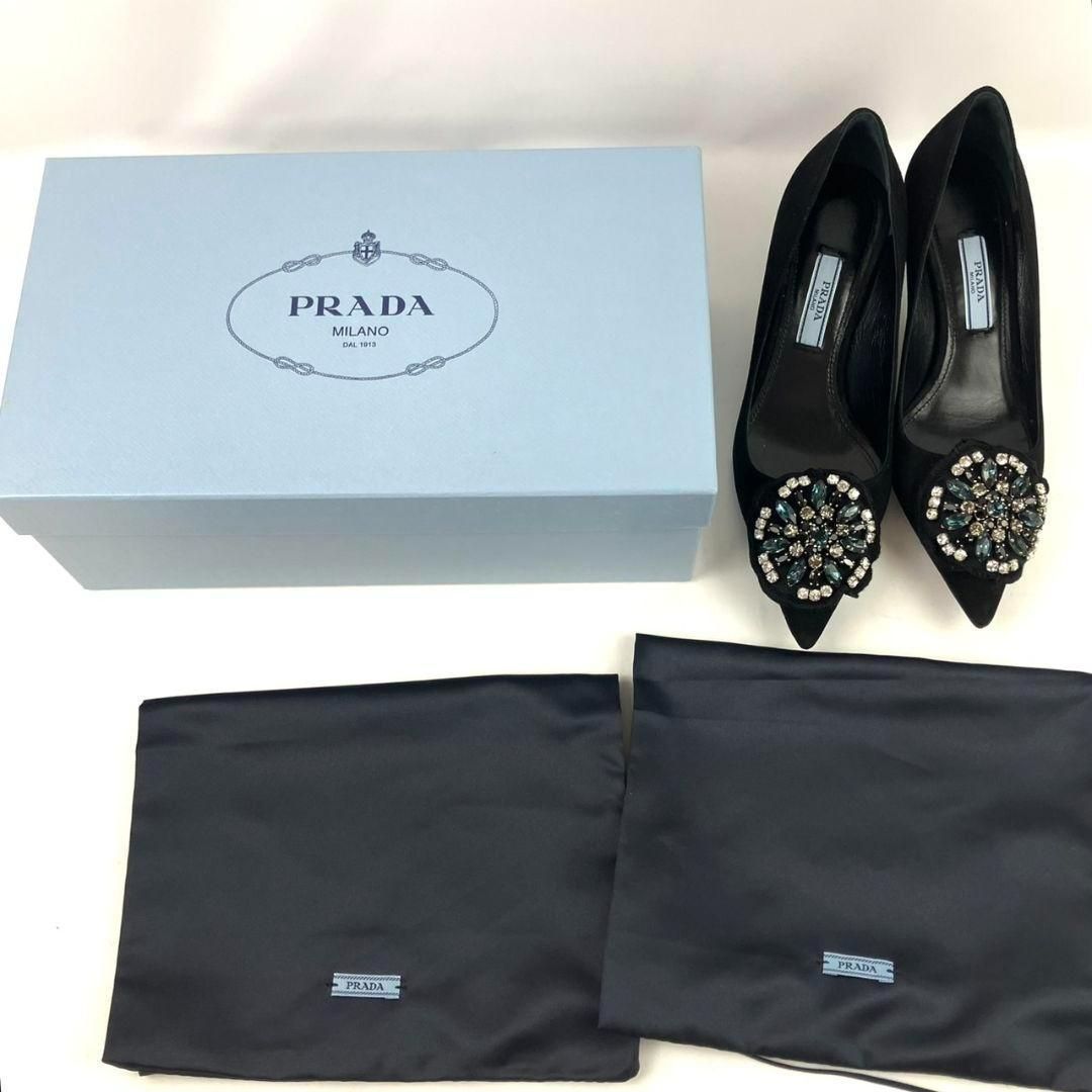 極美品 PRADA プラダ パンプス ビジュー ピンヒール スエード ブラック