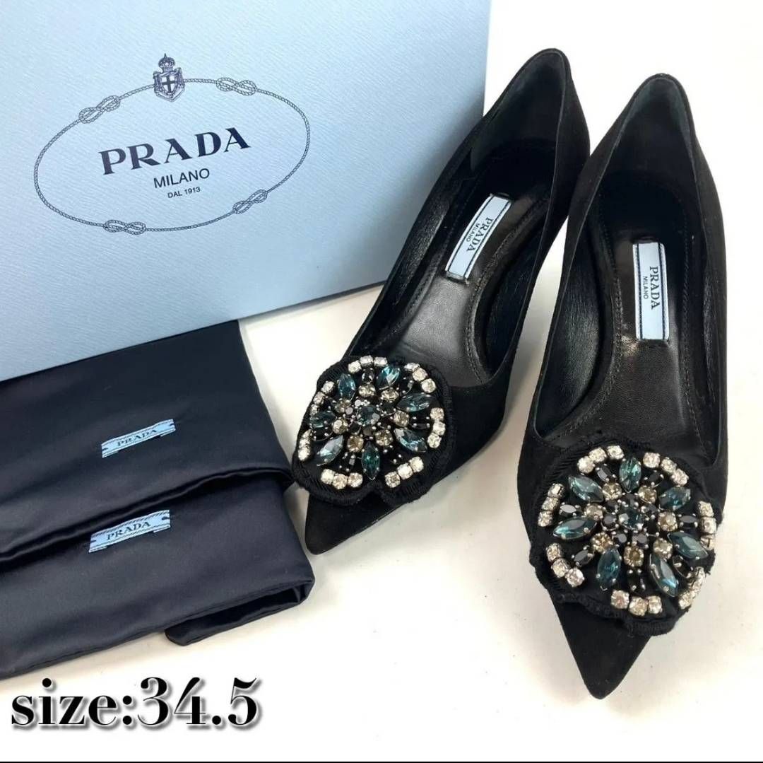 極美品 PRADA プラダ パンプス ビジュー ピンヒール スエード ブラック