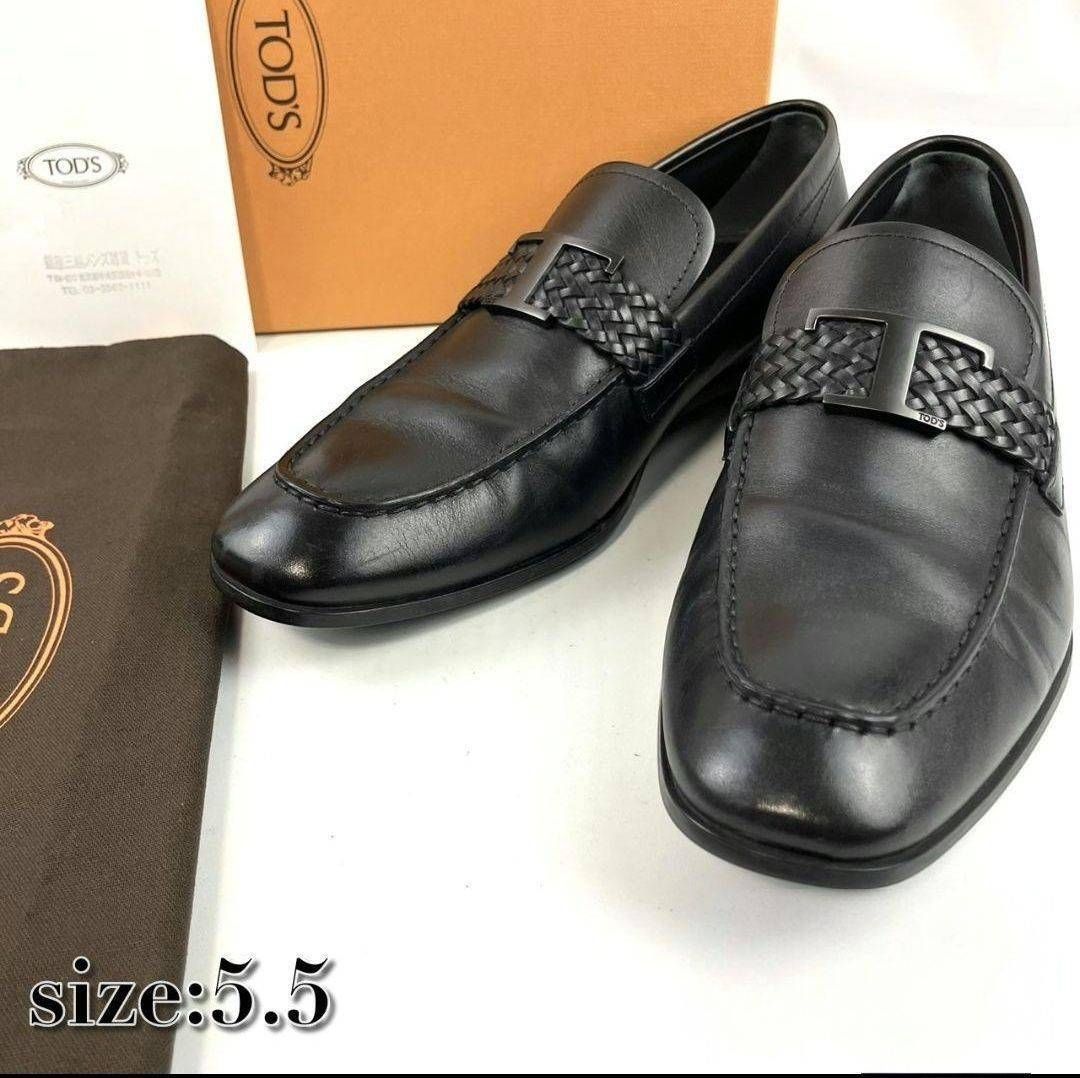 TOD S トッズ ローファー Tタイムレス メタル レザー ブラック 編み込み ベルト 24 5 cm き メンズ