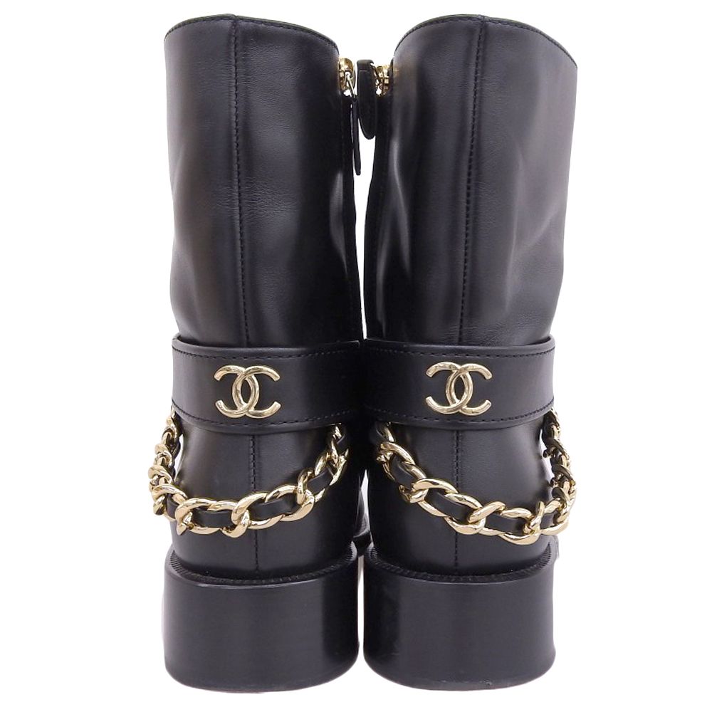 CHANEL シャネル 美品 チェーン×ココマーク レザー サイドジップブーツ