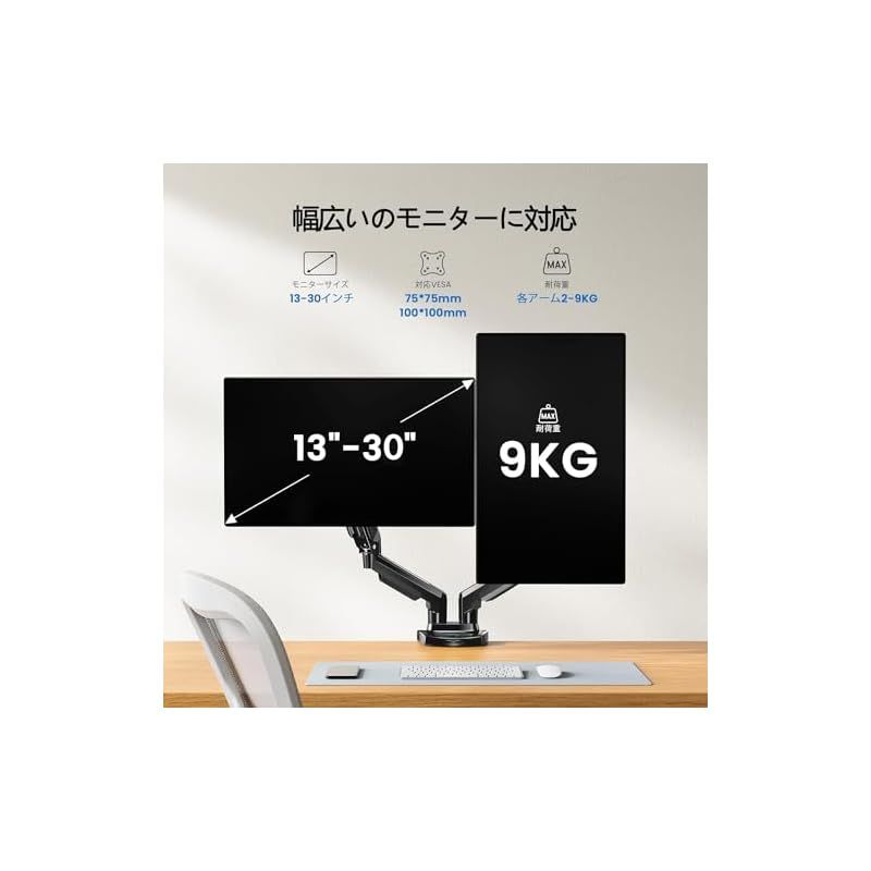 HUANUO ファーノー PCモニターアーム デュアル 液晶ディスプレイアーム 2画面 13～32インチ対応 耐荷重2～9 kg ガススプリング式 グロメット式＆クランプ式 VESA 100 多角度調節 ケーブル収納 HNDS 6 0