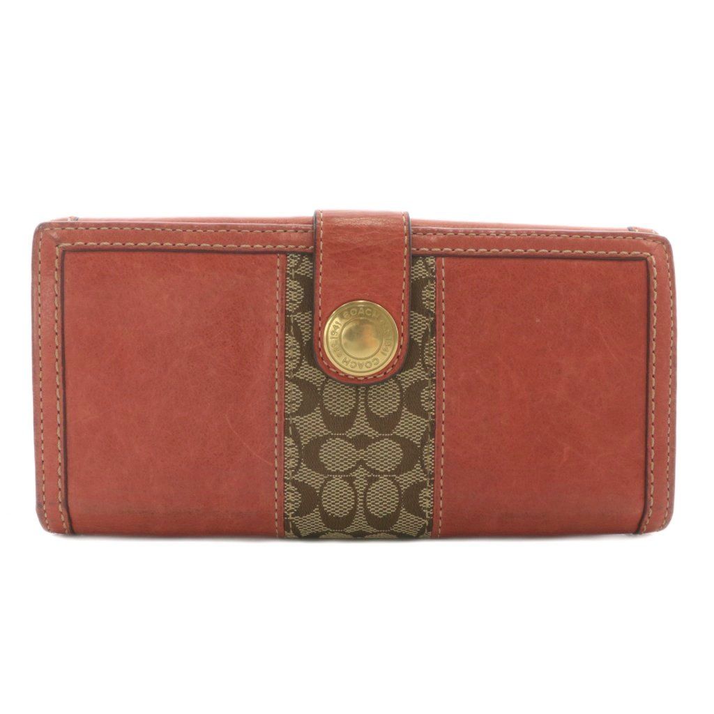 COACH ブラウン 二つ折り財布 コーチ COACH 長財布 二つ折り レザー キャンバス シグネチャー W