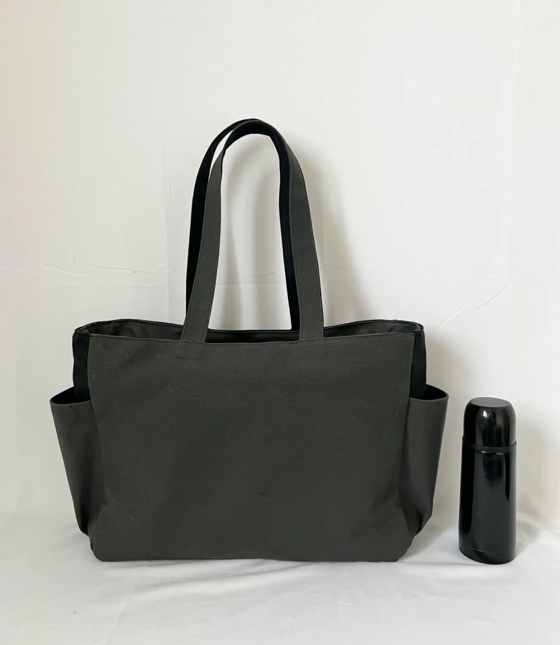 XLサイズ 底板付き チャコール＆黒 8号倉敷帆布使用 サイドポケット 大きめトートバッグ 底板付き 肩掛けバッグ akaneko NEXPOTALLINN_EU