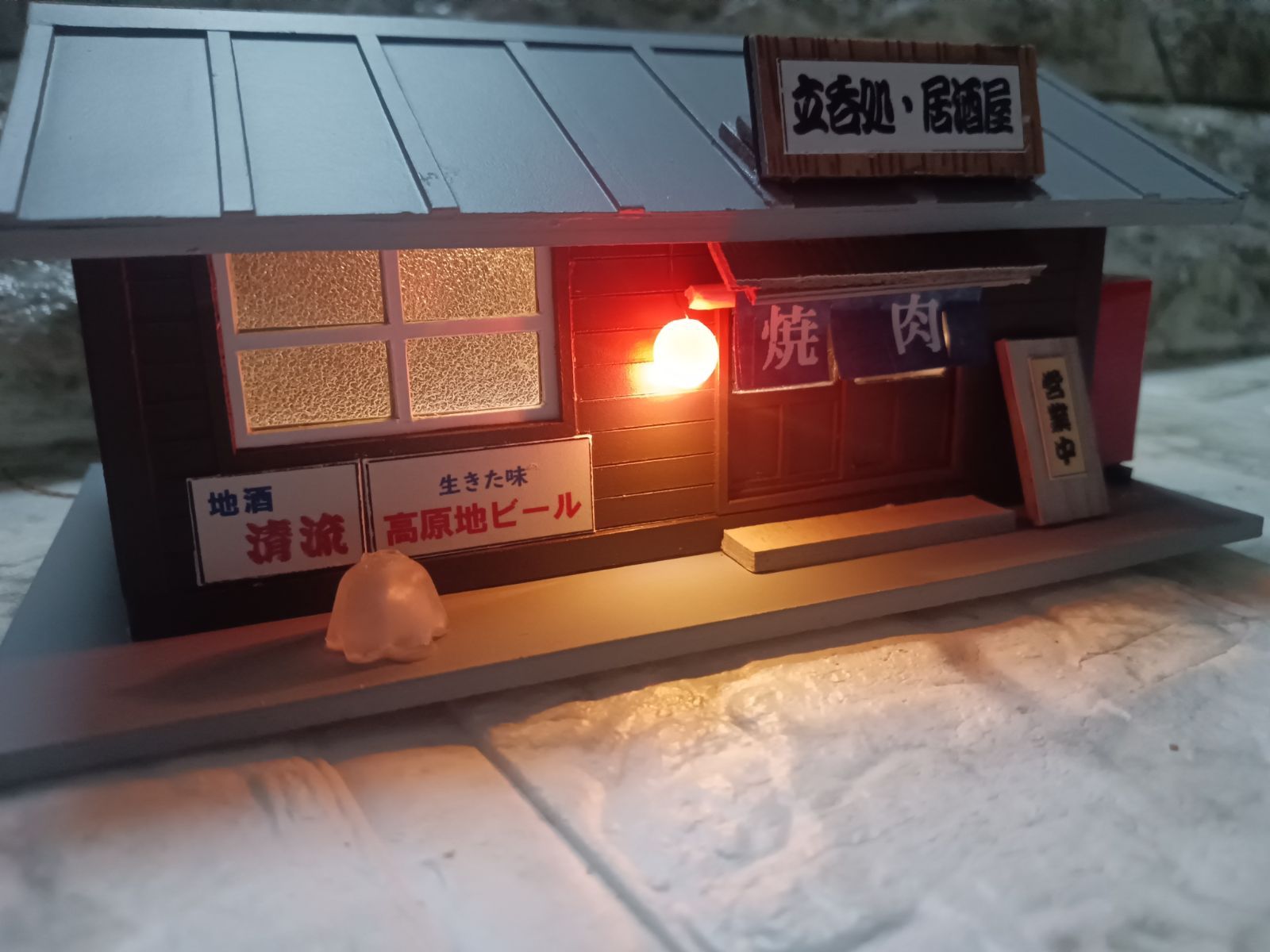 【HO】【夜景】木造無人ローカル駅舎　ストラクチャー（★照明付）着色　完成品 HO】【夜景】木造無人ローカル駅舎 ストラクチャー（☆照明付）着色