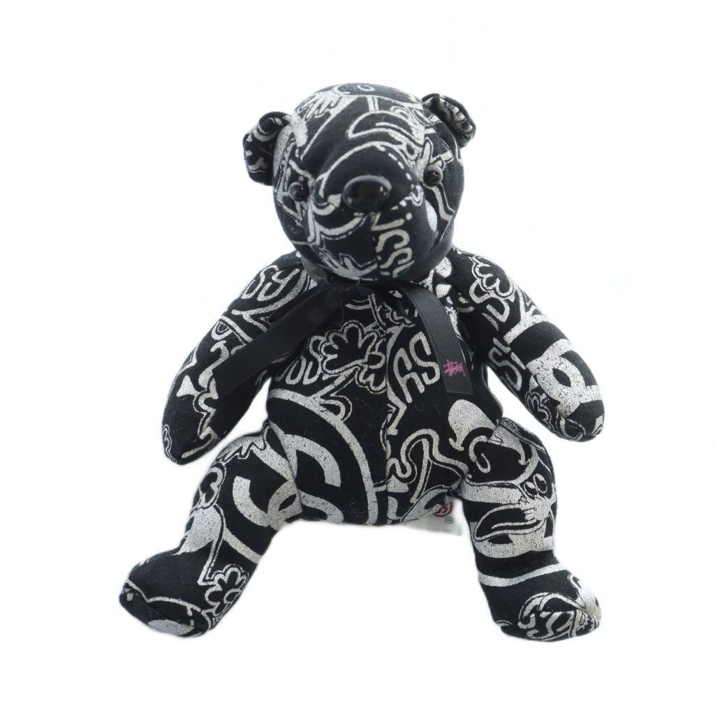 ステューシー STUSSY テディベア くま 人形 ぬいぐるみ 総柄 ロゴ 黒