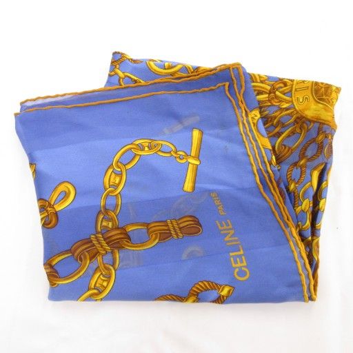 6587⑦【セリーヌ CELINE スカーフ 】 セリーヌ CELINE スカーフ ロゴ チェーン 総柄 青 ブルー /AE □GY18