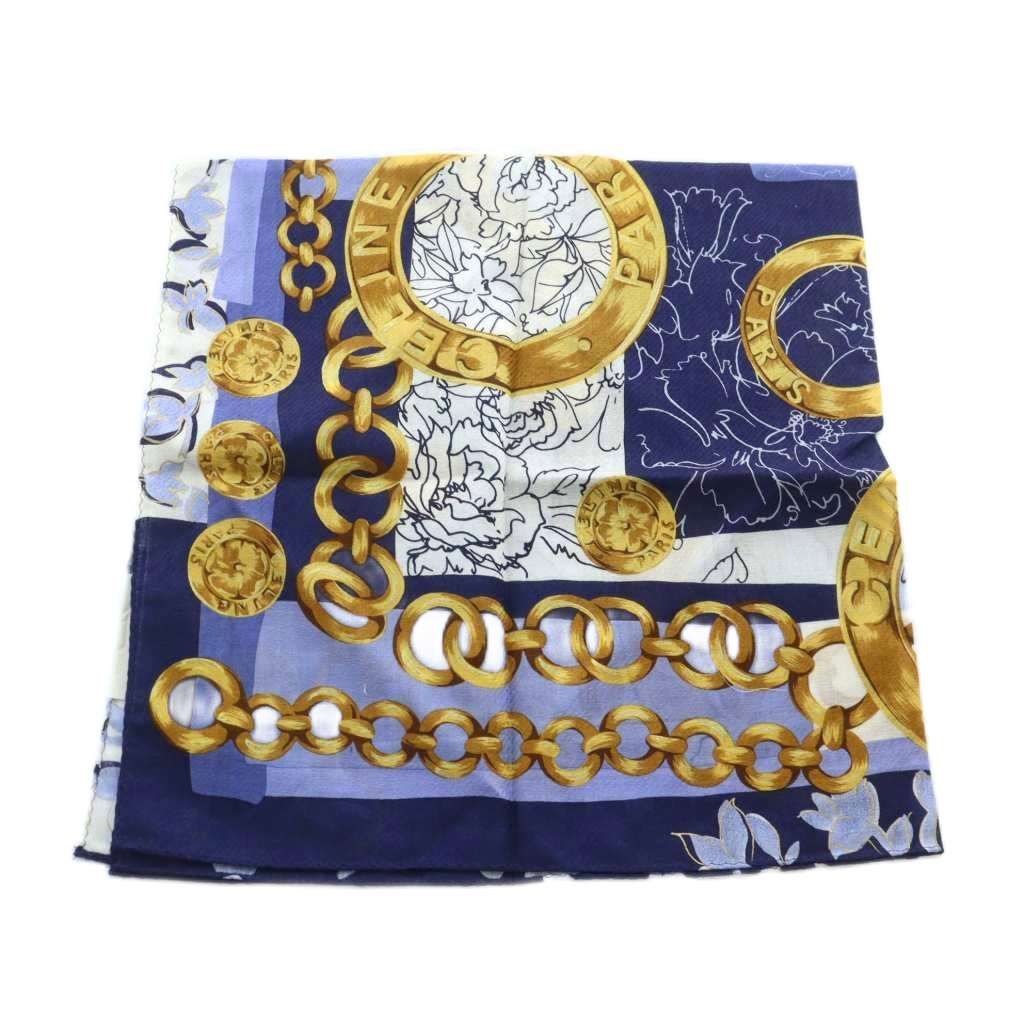 セリーヌ CELINE スカーフ ストール 総柄 ロゴ 絹 シルク 箱付き 青