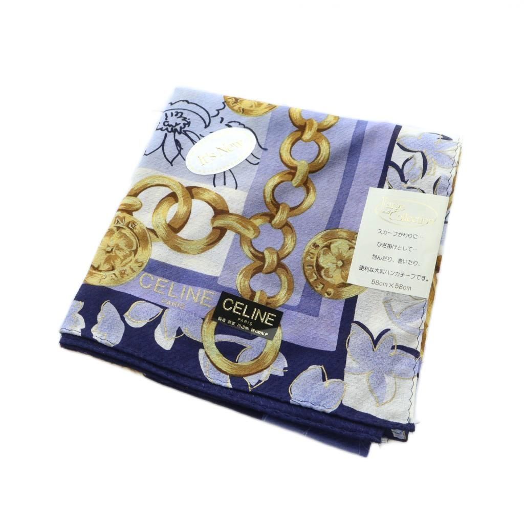 セリーヌ CELINE スカーフ ストール 総柄 ロゴ 絹 シルク 箱付き 青