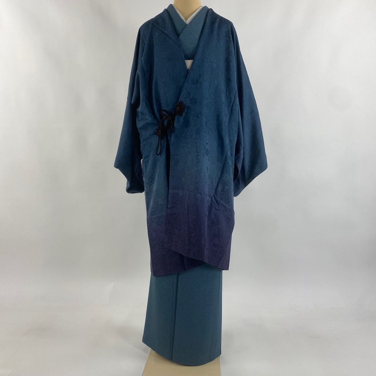 道中着 身丈104.5 cm 裄丈68 L 和装コート リバーシブル 地紋 裾ぼかし 青緑 正絹