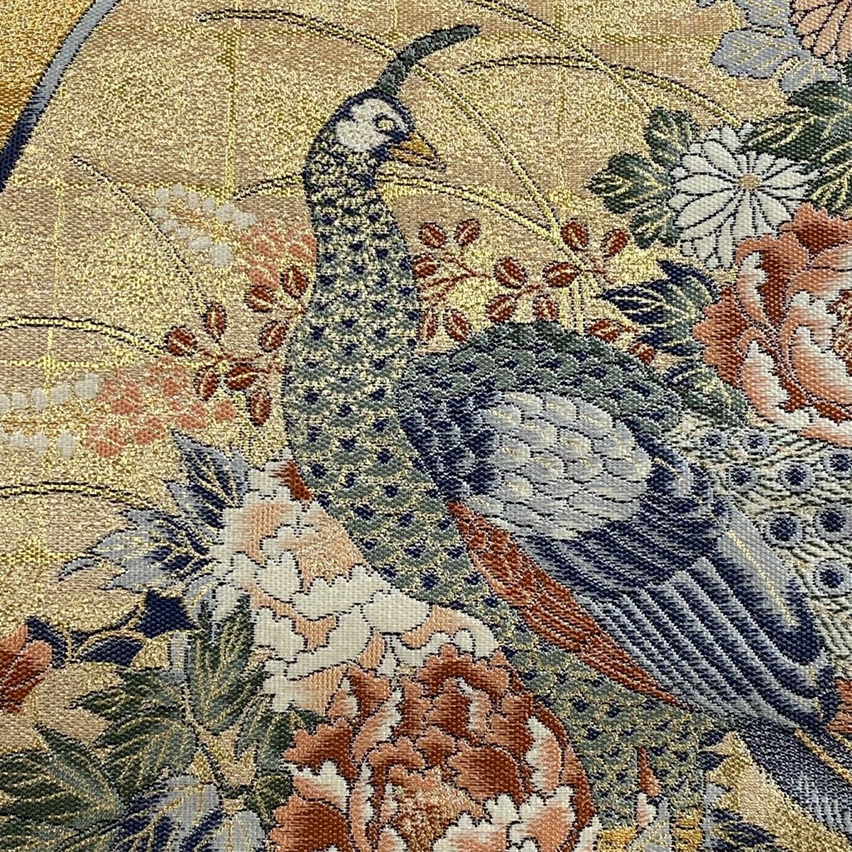 美品 孔雀 銀地 唐草 朱錦 正絹 袋帯 二重太鼓 作り帯 美品 孔雀 銀地 唐草 朱錦 正絹 袋帯 二重太鼓 作り帯 美