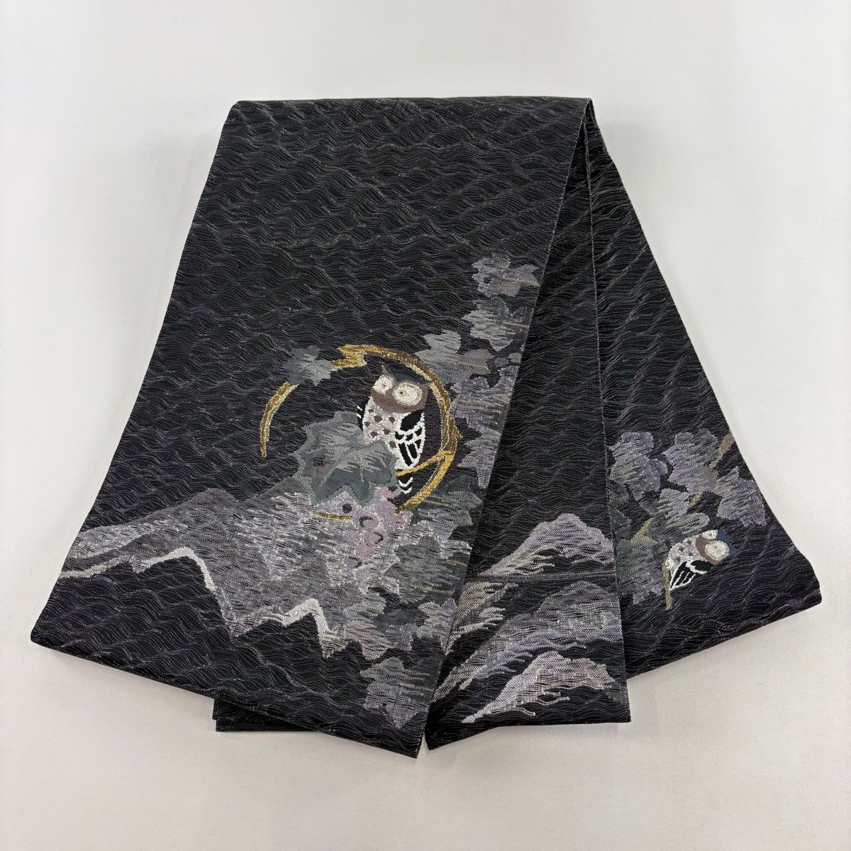 美品】 袋帯 名品 ミミヅク 葡萄 金銀糸 黒 お太鼓柄 正絹 【中古