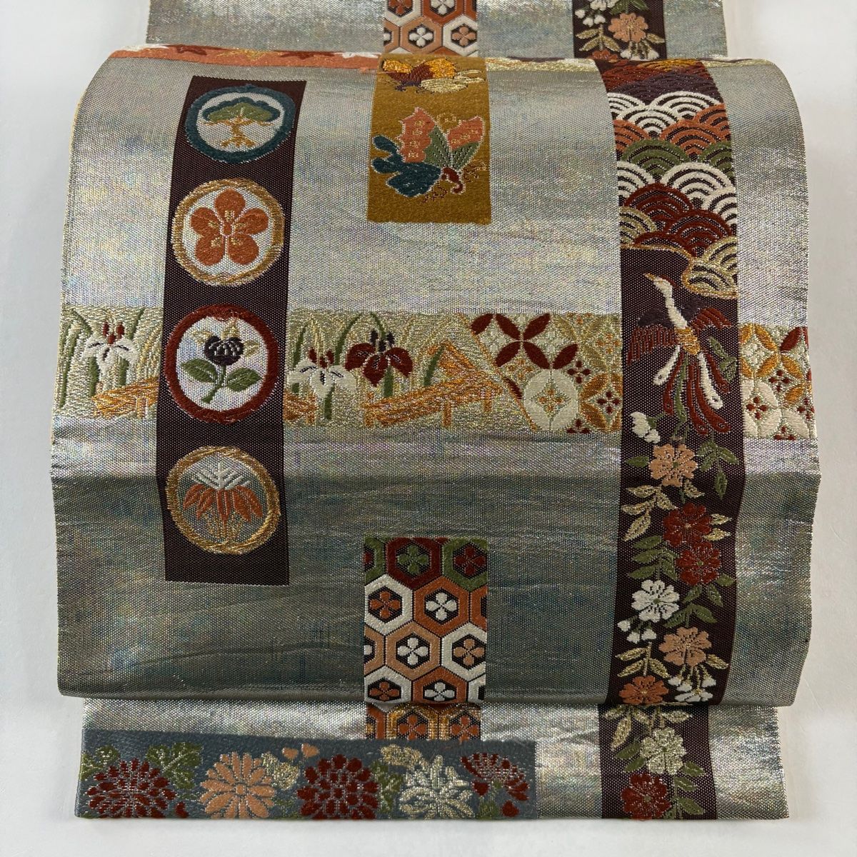 レディース 袋帯 名品 渡文 落款 鳥 草花 金糸 刺繍 金茶 六通 正絹 【】